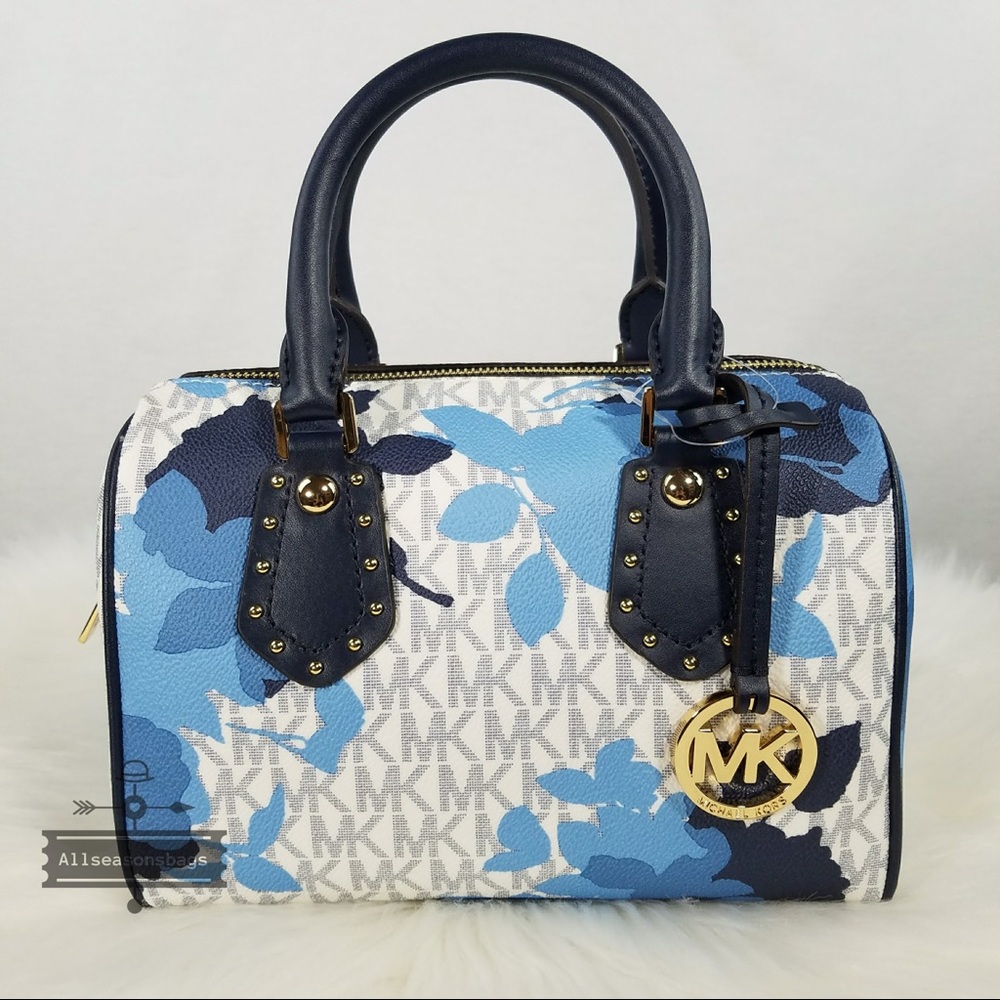 Michael Kors Mk Small Aria Satchel Floral Navy Bag - Picture 7 of 8
